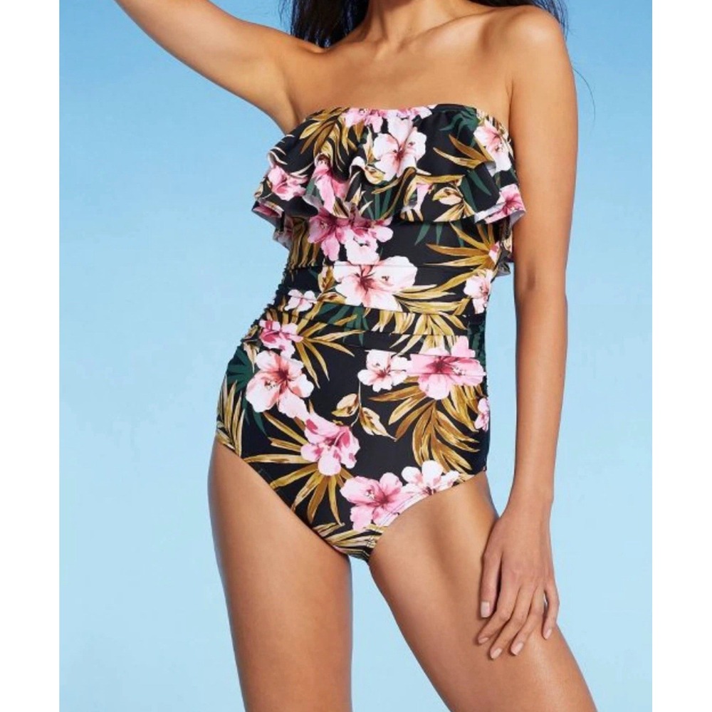 Kona Sol Black Tropical Floral Womens One PIece Size Large Removable Straps